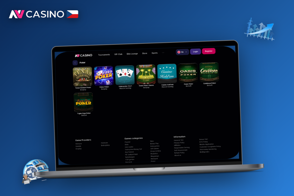 Přehledné herní lobby NV Casino se sloty a uvítacím bonusem na monitoru