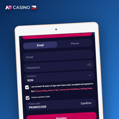 Vytvoření účtu v NV Casino přes e-mail s vlastním heslem